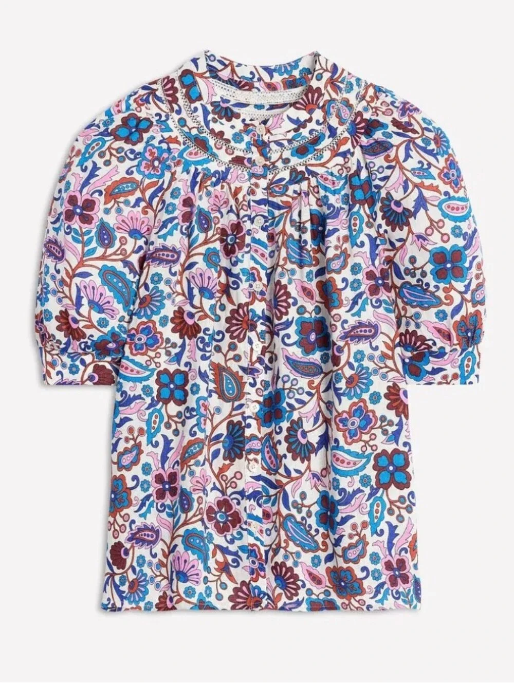 Boden Bea Linen Floral Top White Blue Size 2